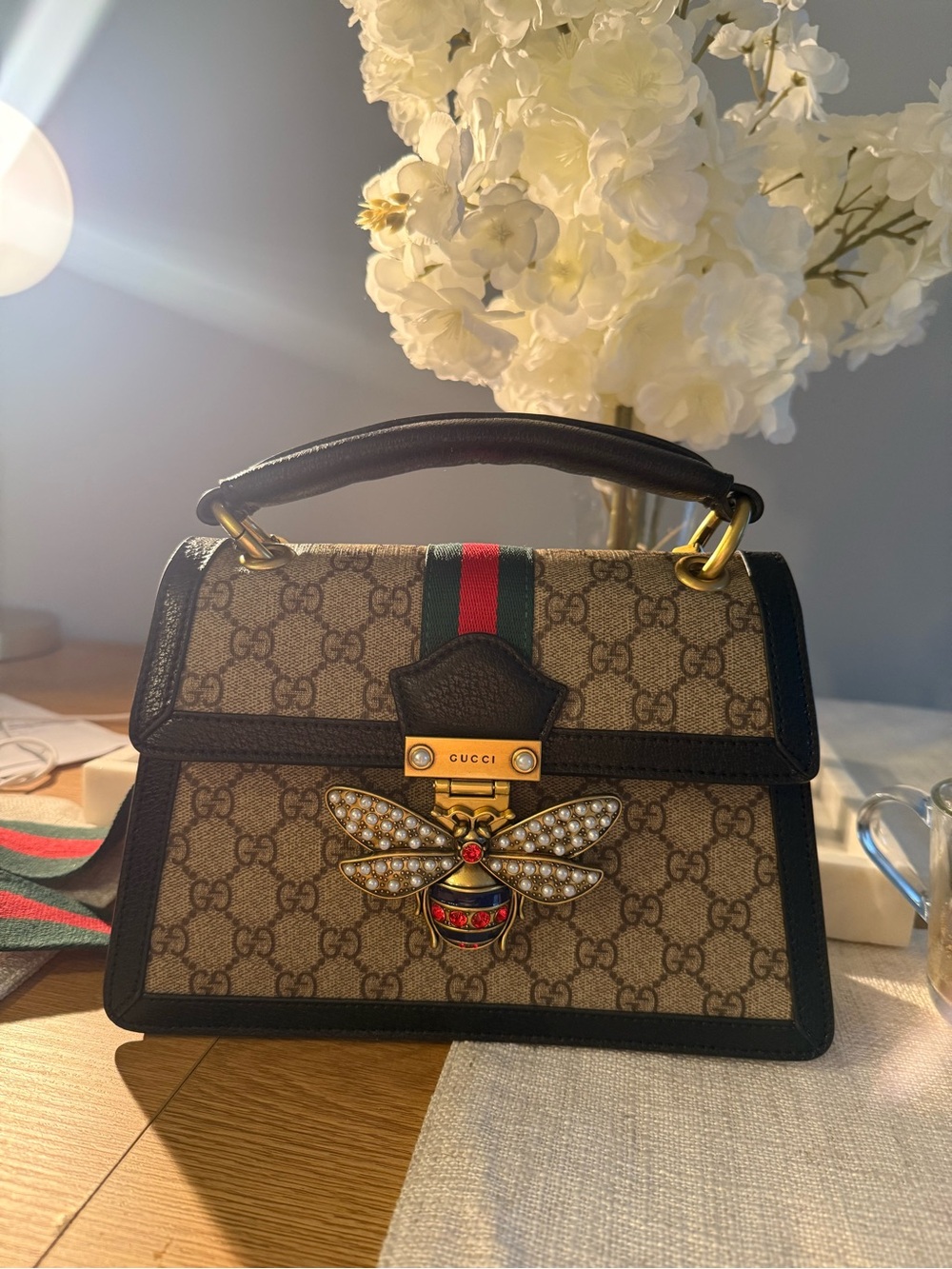 Gucci Beige GG Supreme Top Handle Bag with Green-Red Stripe and Bee